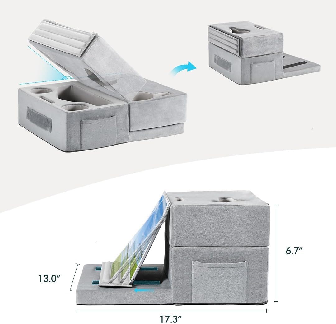 Sofa Cup Holder Tray Pillow - Holds Drinks, Snacks, Remotes & Devices - Cup Holders & Storage Pockets for Couch, Bed Cup Holder (Grey)