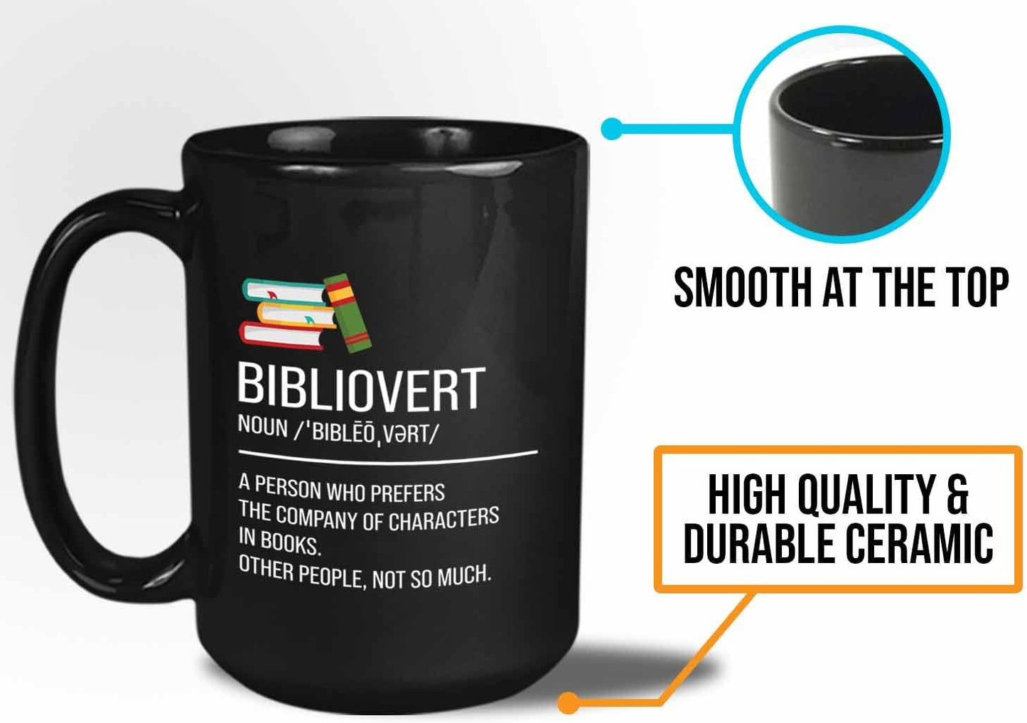 Bubble Hugs Book lovers Coffee Mug 15oz Black - Bibliovert Definition - Author Writer Book Library Editor Introvert Lovers Cat Chill Relax Bookworm Reading