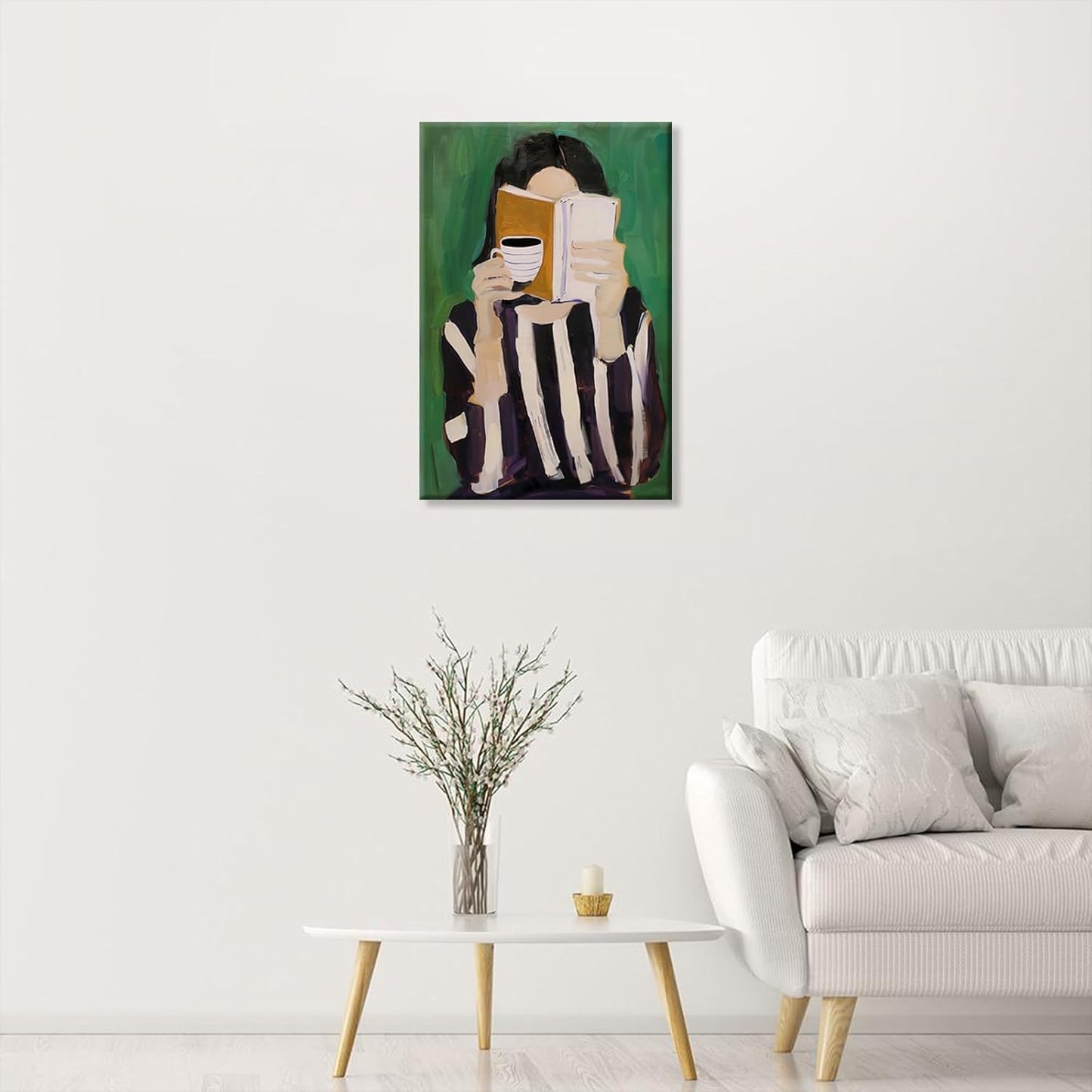Trendy Women Reading Book Posters Emerald Green Striped Wall Art Abstract Coffee Decor Modern Feminine Canvas Minimalist Woman Pictures Print Aesthetic for Living Room Bedroom House 12x16in Unframed