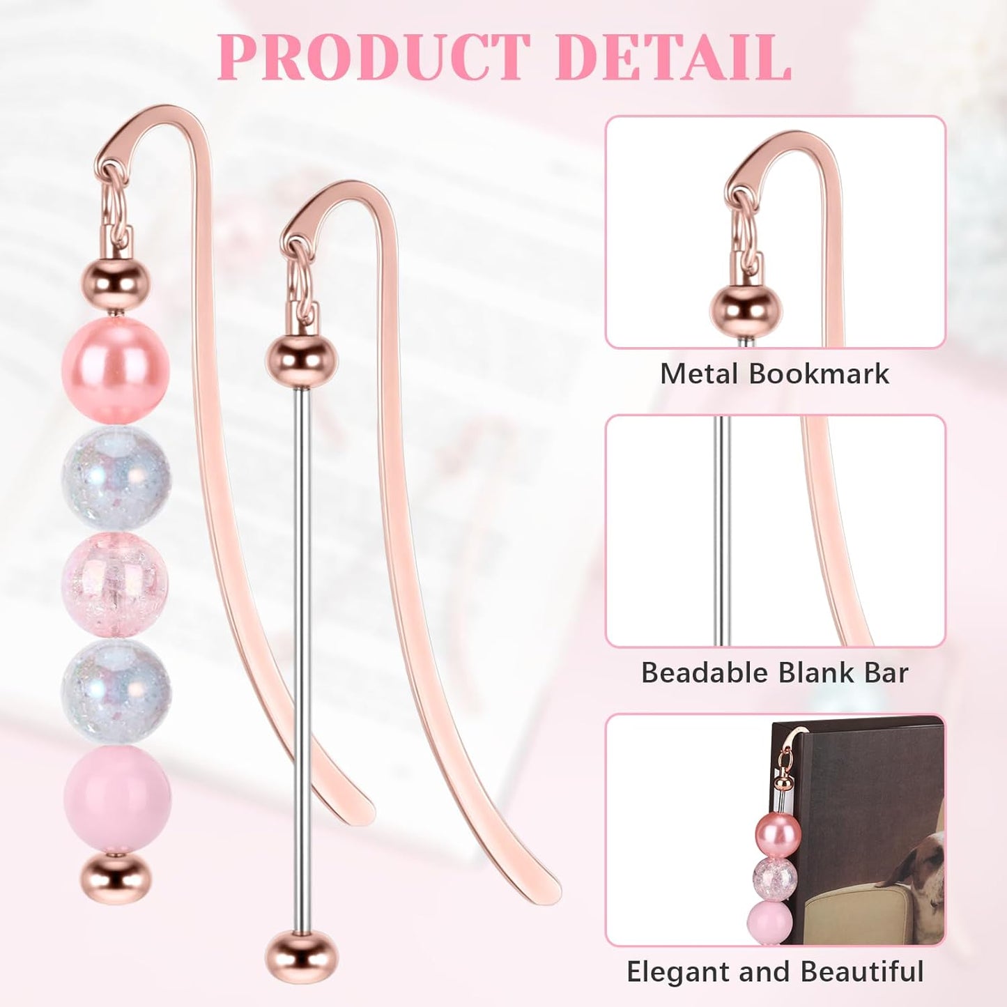 Beadable Bookmarks 24 Pcs Beaded Bookmark DIY Metal Blank Bar Bulk for DIY Bookmarks Beaded Craft Jewelry Pendant Charm Gift for Book Lover Student Teacher Office Supplies(Rose and Gold)