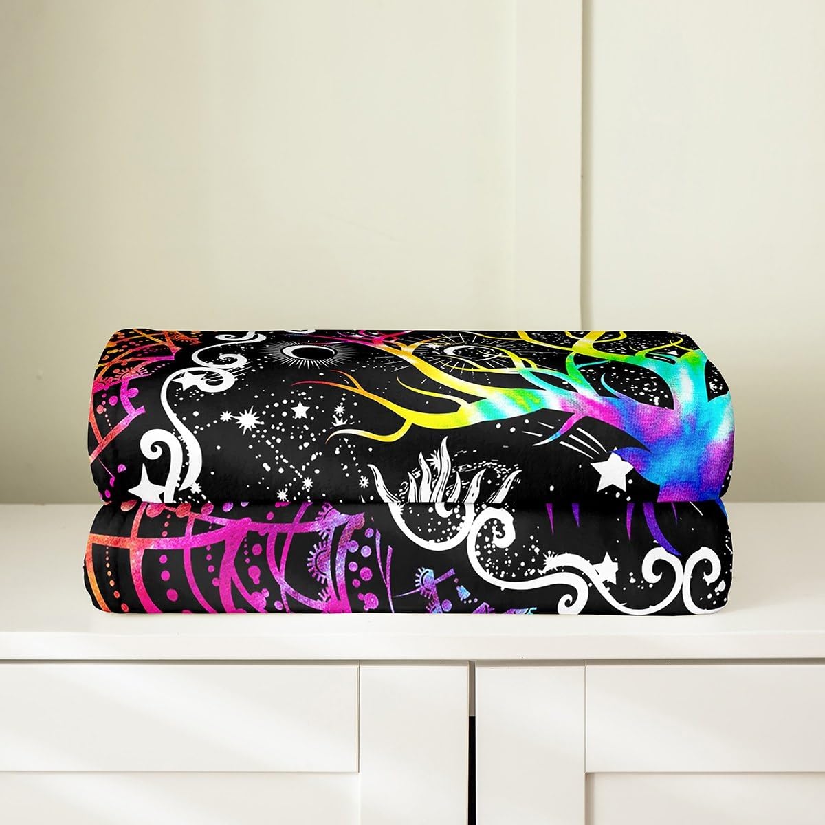 Erosebridal Sun and Moon Blanket Queen 90x90,Black and White Throw Blanket for Kids Boys Girls,Psychedelic Tree of Life Fleece Blanket,Galaxy Stars Mandala Tribal Flannel Blanket All Season