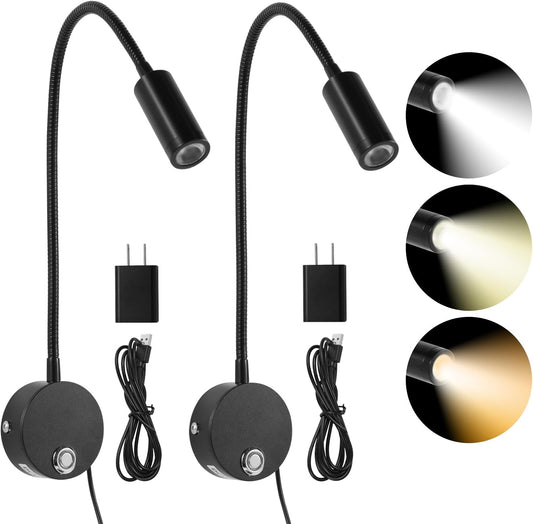 Reading Light for Bed, Wall Mounted Reading Lights with 15" Flexible Gooseneck, Touch Control, 3 Colors Temperature and Stepless Dimmable, Plug in Headboard Book Light(2 Pack)