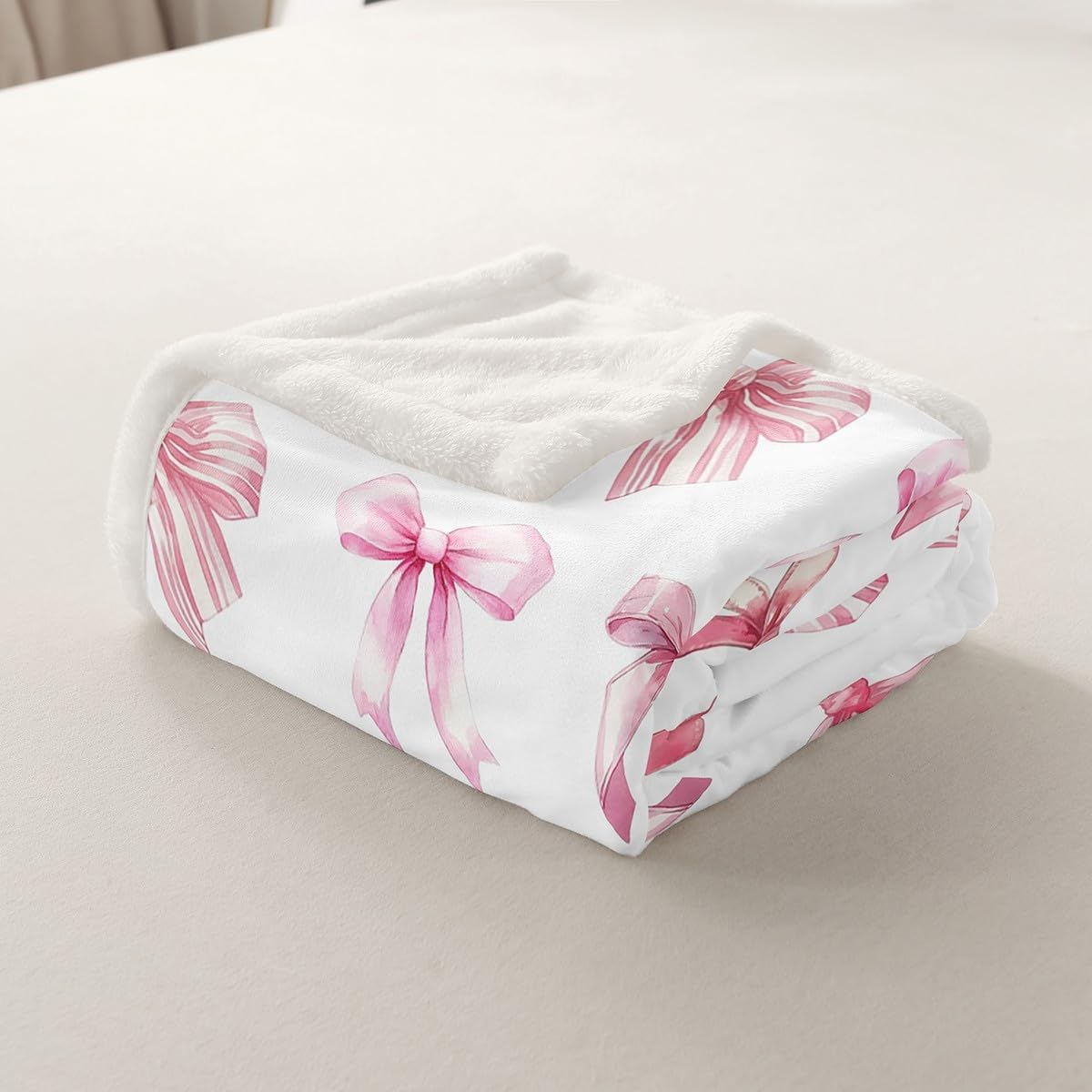 Pink Bowknot Throw Blanket,Girly Princess Style Bed Plush Blanket for Rustic Home Decor,3D Bow Girl Fleece Throw Blanket for Bedroom Sofa Room Decor,Watercolor Pink White Bed Blanket,60"x80"