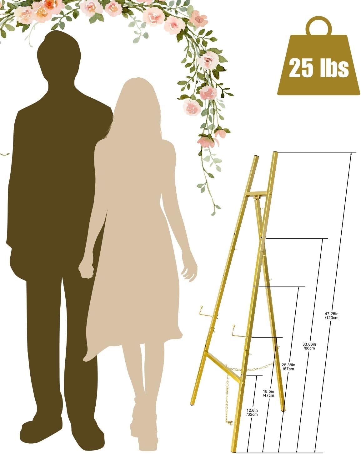 Gold Easel Stand for Sign – 47" Heavy Duty Metal Easel with 4-Tier Height & Adjustable Angle – Elegant Art Easel for Wedding Sign, Welcome Boards, Display, Event – Easy Assembly, Storage Bag Included