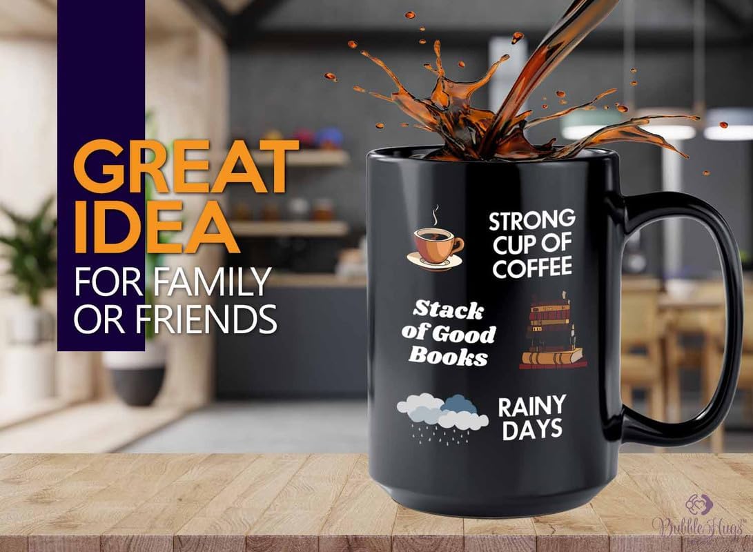 Reading Coffee Mug 15oz Black - Coffee Book Rainy Days - Reader Gift Bookworm Owl Lover Cat Lover Book Lover Novelist Librarian Writer