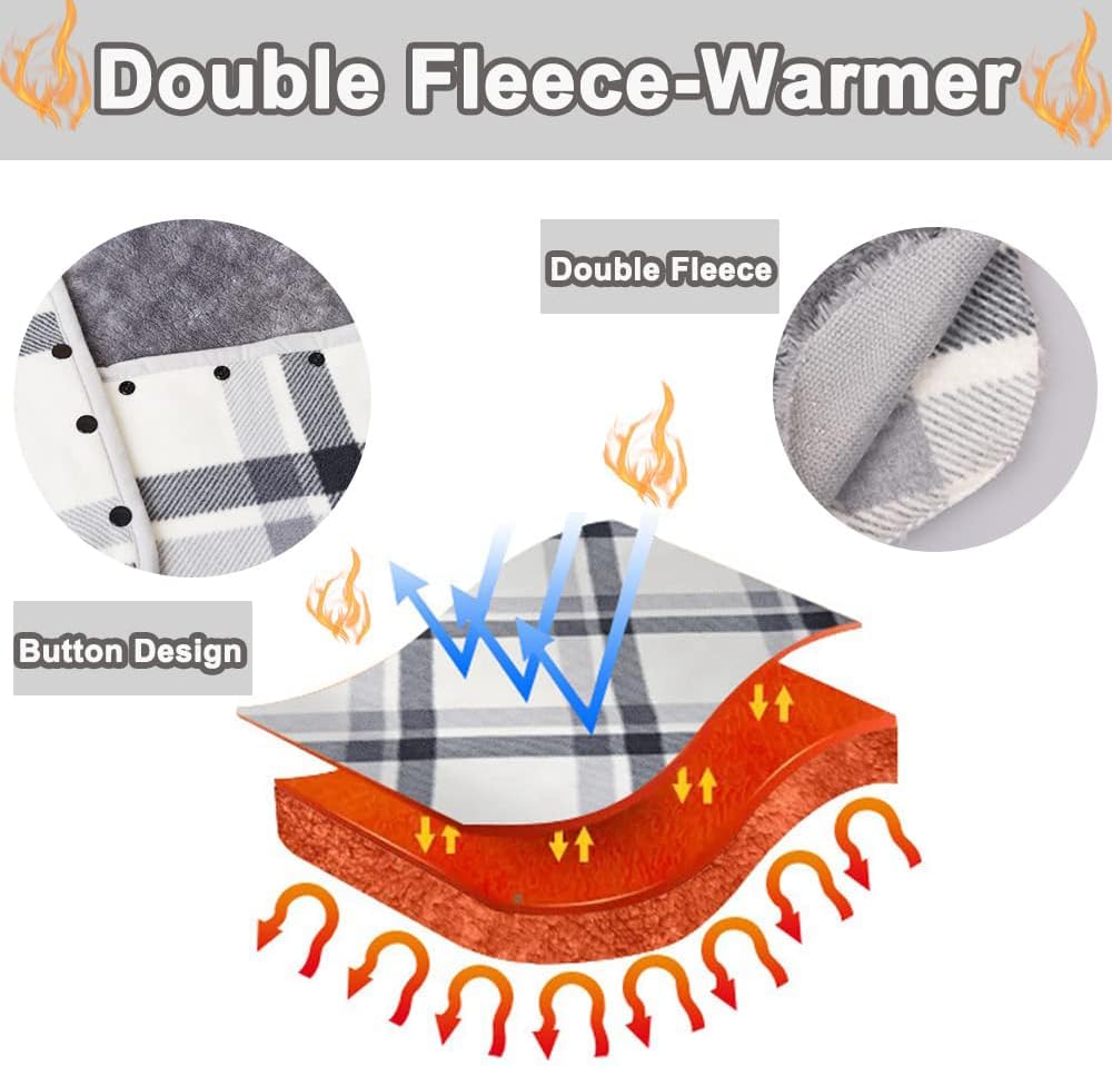 Fleece Wearable Blanket Poncho for Women 63 * 55" Plaid Lap Blanket Shawl Wrap Throw Cape with Buttons for Bed Desk Office- Plush Sleeveless for Grandma Gifts