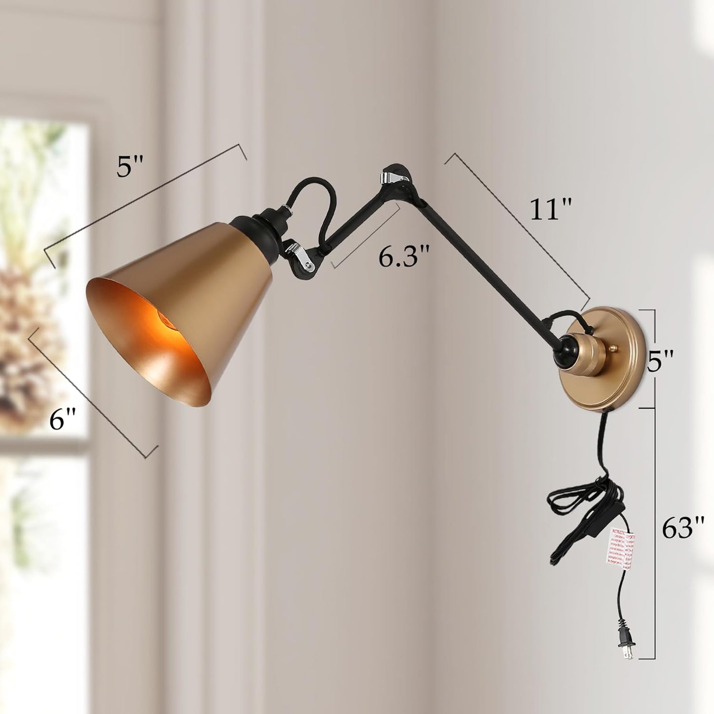 LOG BARN Modern Gold Wall Sconce Set of 2, Adjustable Swing Arm Plug-in Wall Lamps with Black Accents for Bedroom, Living Room, Kitchen or Reading Nook