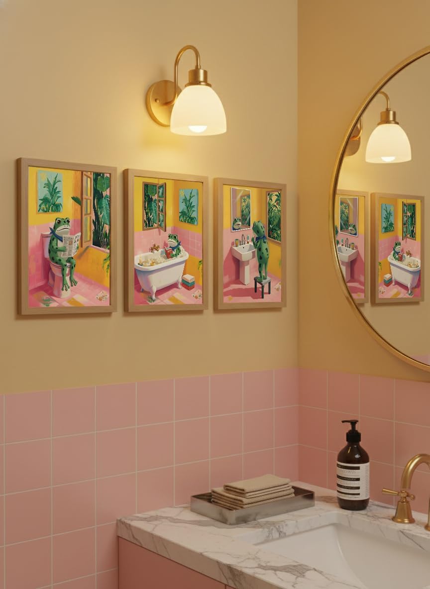 3 Piece Funny Frog Bathroom Wall Art, Unframed Whimsical Pink & Yellow Canvas Prints, Cute Animal Core Morning Routine Decor for Kids & Guest Restroom - Reading, Brushing Teeth, Bathing Scenes