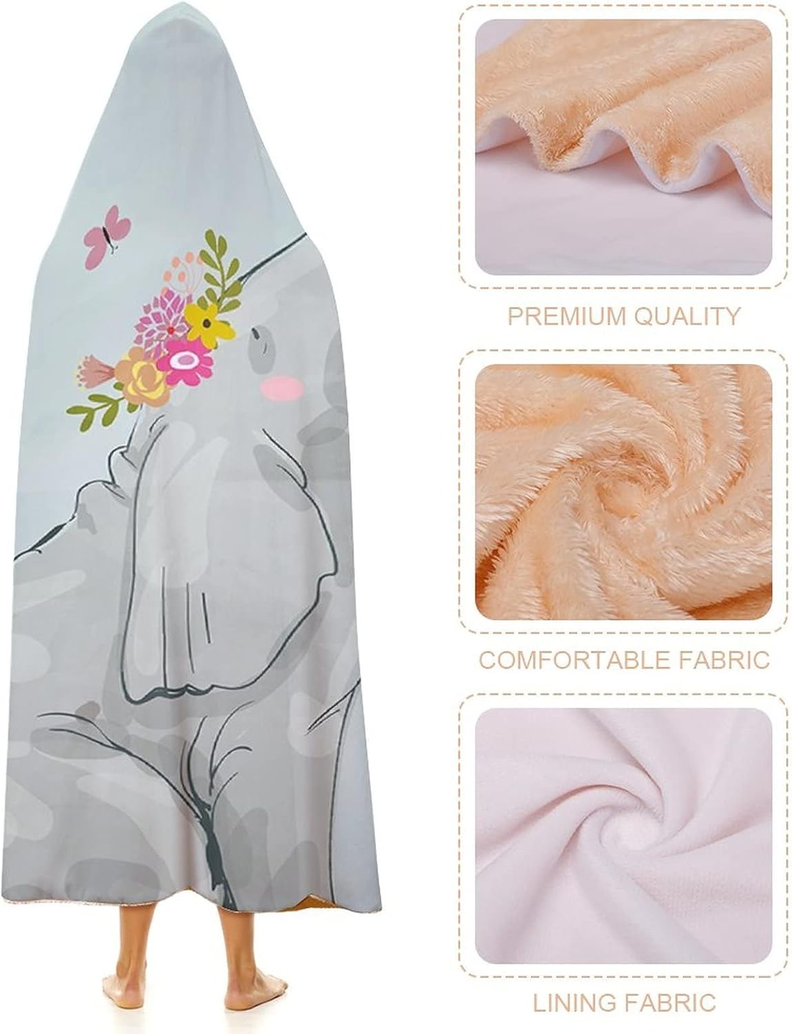 Throw Blankets, Nursery Decor Wearable Hooded Blanket for Adults, Elephant Little Mouse Friendship Fun Art, Soft Warm Cozy, 60 x 80inches, Studying Reading Snuggling Napping Office, Multicolor