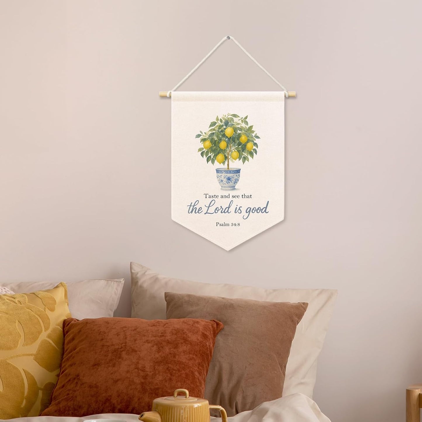 Christian Lemon Tree Kids Room Decor, Scripture Taste and See That The Lord Is Good Banner Canvas, Chinoiserie Wall Hanging Frame Decor Art Pennant Flag for Prayer Toddler Room Church 11x15in