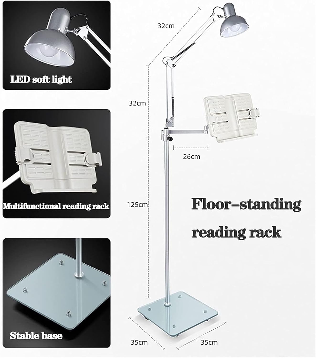 Bookholder Floor Stand,Cookbook Reading Desk Portable Sturdy Lightweight Bookstand,360 Degree Rotating Angle,Adjustable Height,Flexible Gooseneck,Sturdy Aluminum Metal Base (Size : No lamp) (No ( )