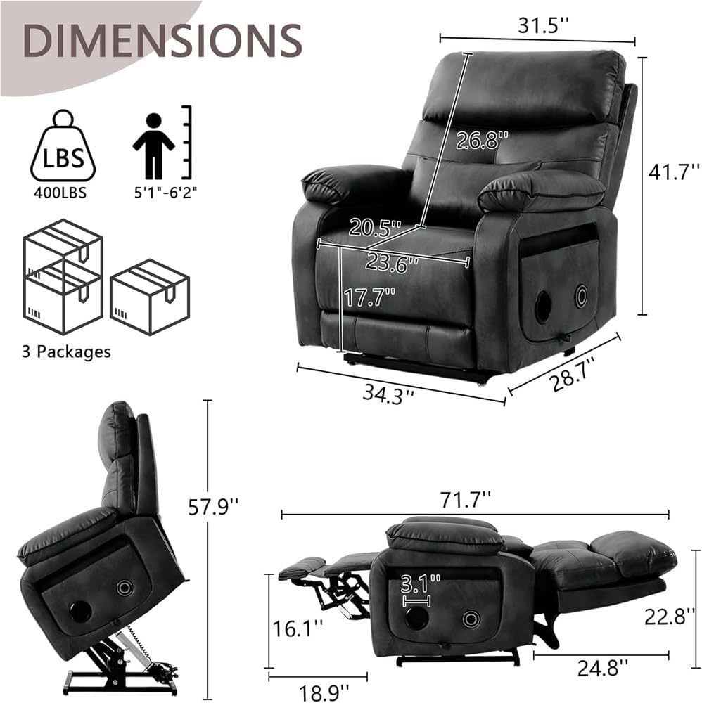 Power Lift Recliner Chair for Adults Elderly, Leather Furniture with Heat Massage, Infinite Position Lay Flat for Living Room Bedroom, USB Ports Cup Holder