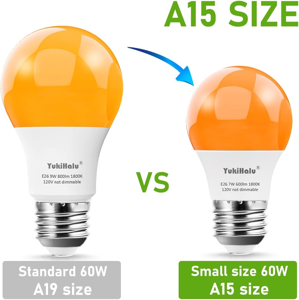 YukiHalu LED Amber Orange Light Bulbs, A15 1800K E26 600Lm, 60W Equivalent Soft Warm Sleep Light Bulbs for Healthy Sleep, Baby Nursery Light, Bedroom Night Light, Not-Dim, 4-Pack