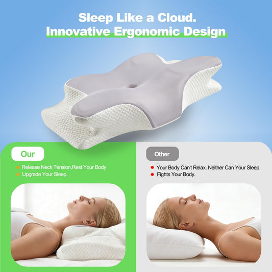 Cervical Neck Pillow – Ergonomic Neck Pain Relief Pillow, Contour Memory Foam Orthopedic Support, Ideal for Side Back Stomach Sleepers with Cooling Breathable Pillowcase