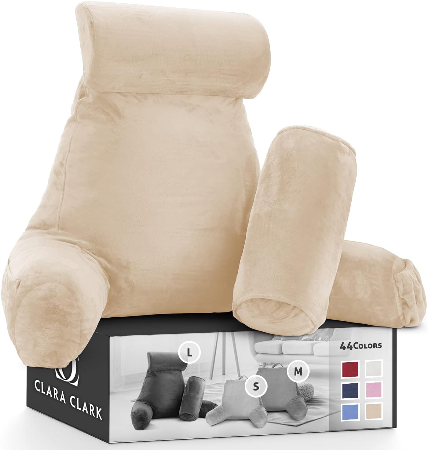 Clara Clark Reading Pillow, Back Rest Pillow for Sitting in Bed with Arms for Kids & Adults - Premium Shredded Memory Foam TV Sit Up Pillow - Large, Cream