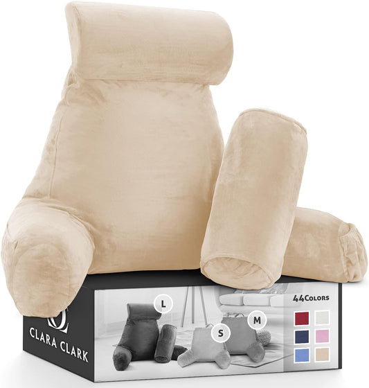 Clara Clark Reading Pillow, Back Rest Pillow for Sitting in Bed with Arms for Kids & Adults - Premium Shredded Memory Foam TV Sit Up Pillow - Large, Cream