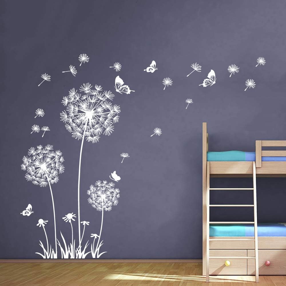 Runtoo White Dandelion Art Stickers - Large Flower Butterfly Wall Decals for Bedroom and Living Room Decor