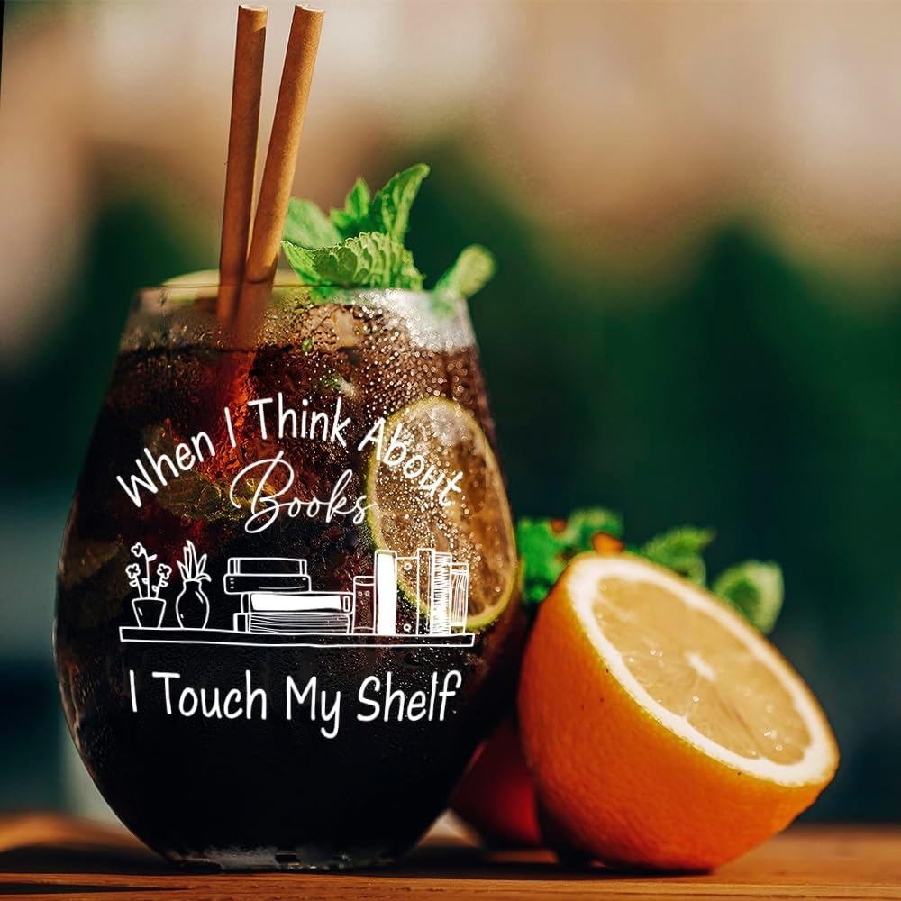 When I Think About Books I Touch My Shelf Wine Glass, Funny Gifts for Book Club, Unique Wine Glass Gifts for Readers, Book Lover Wine Glass Graduation Birthday Gifts, Christmas Gift for Book Lover