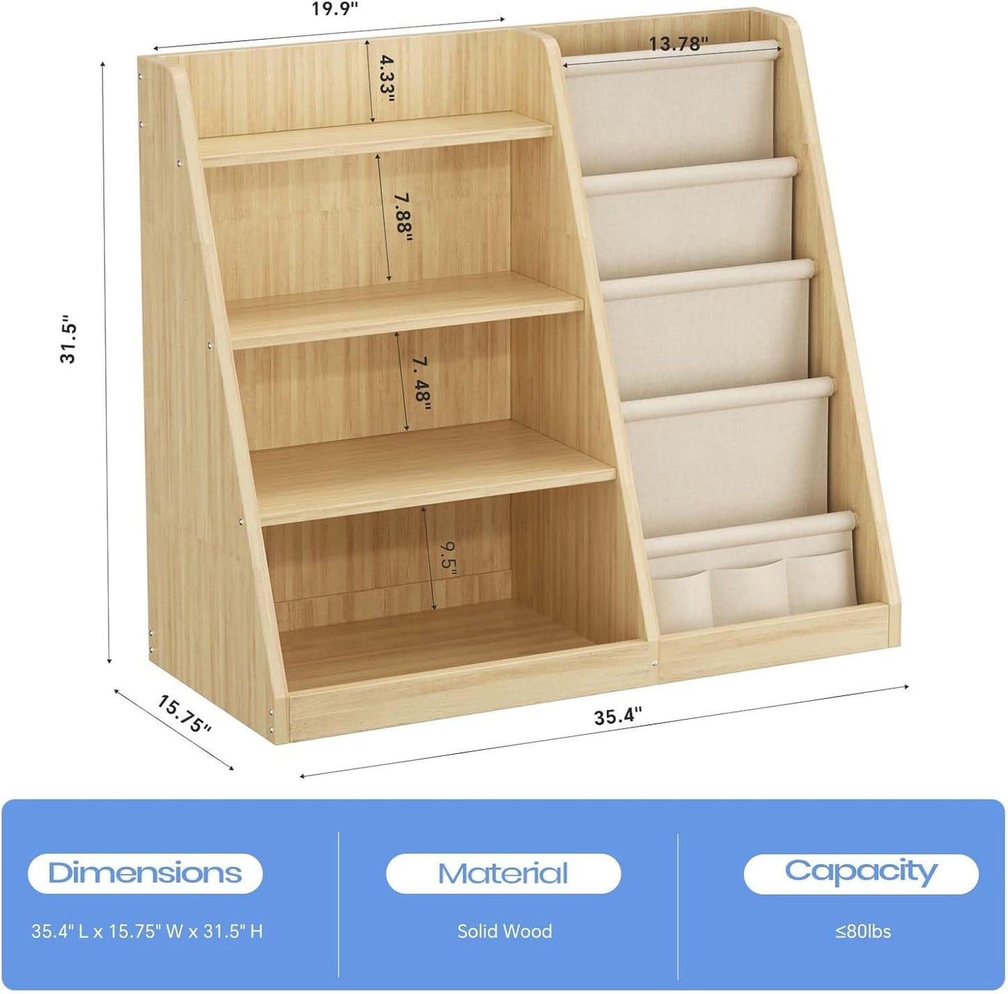 Kids Bookshelf and Toy Storage Organizer, 4 Tier Wooden Kids Book Shelf with Sling Book Rack in Kids Room Playroom Nursery for Kids, Children, Toddlers