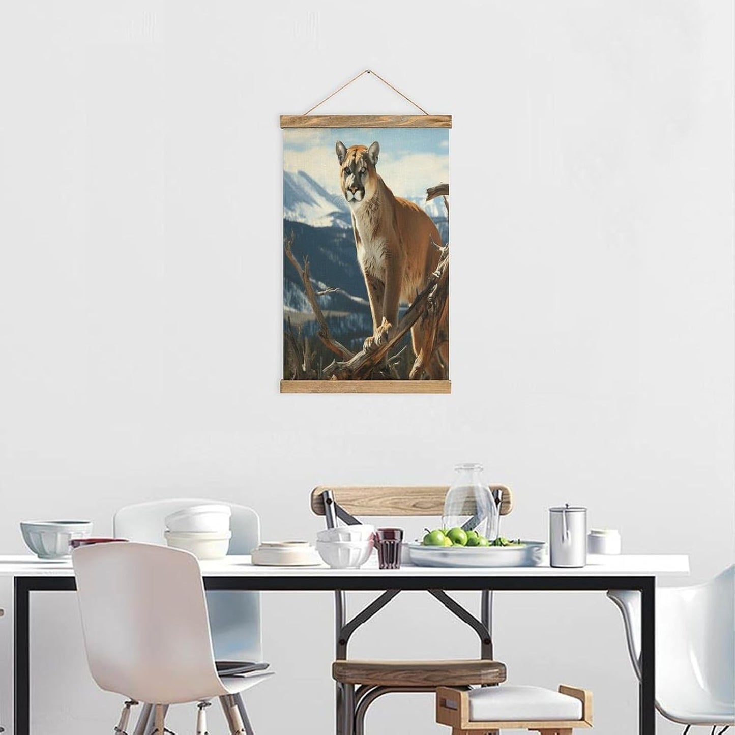 Vintage Panther Mountain Lion Poster with Wooden Frame Personalized Linen Hanging Scroll Painting Rustic Wall Hanging Illustrative Modern Artwork Decor for Home Living Room Bedroom Office
