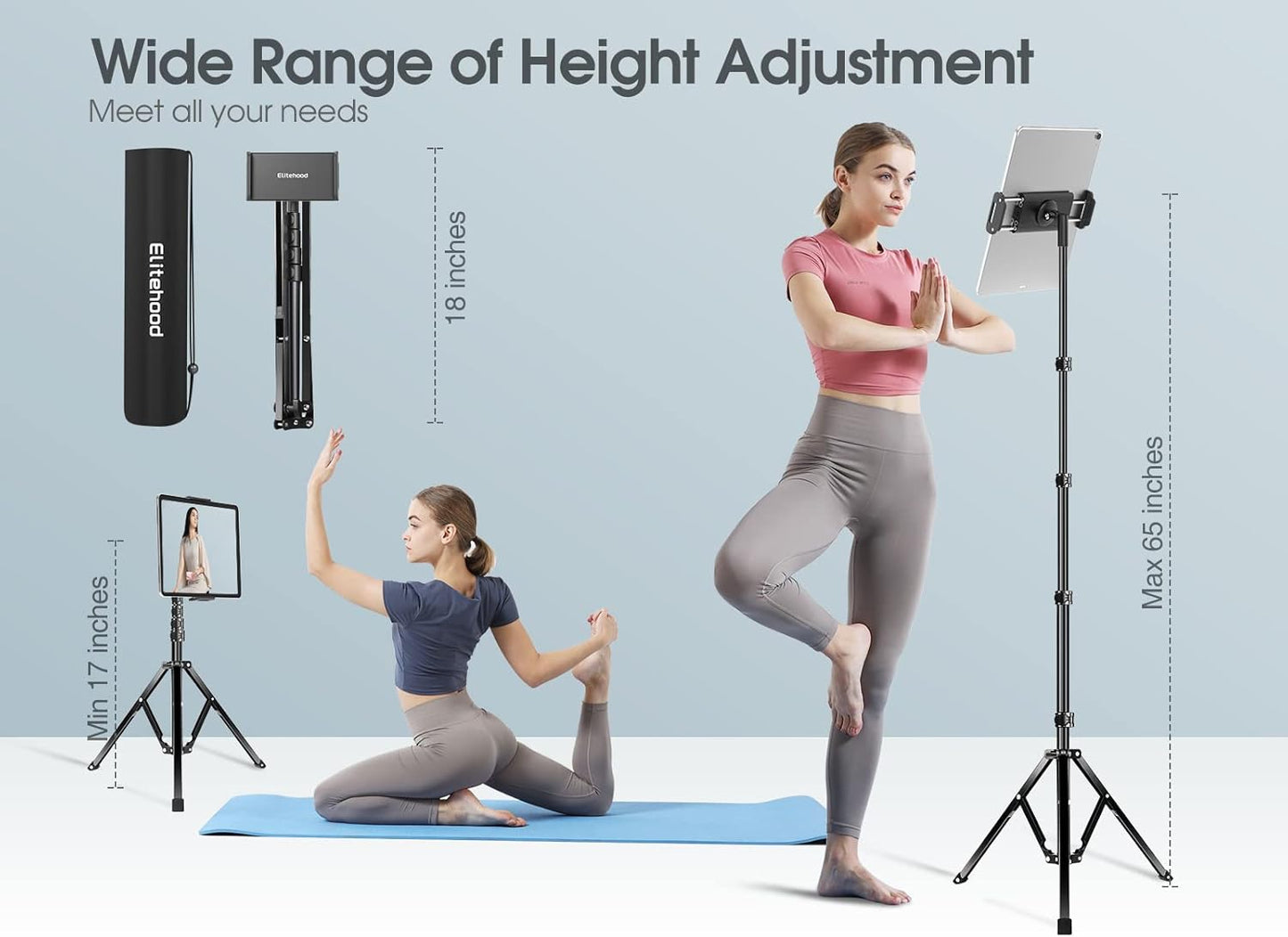 elitehood Aluminum iPad Stand Tripod, 65'' Adjustable Tablet Tripod Holder, 360 Degree Rotating iPad Holder Stand for Floor, Compatible with 4.7-13" Tablets and Phones