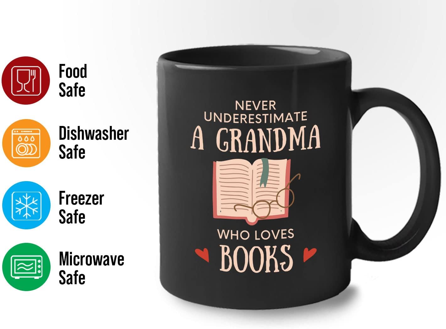 Bubble Hugs Book Lover Coffee Mug 11oz Black - Never Underestimate Grandma - Reading Reader Old Lady Book Lover Bookish Novelist Librarian Writer