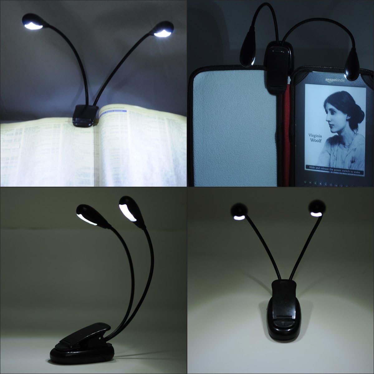 LED Book Light, Portable Music Stand Lights, Dual Head, 4-Level Brightness, USB Cord Included, Daylight White, Clip Light, Task Lighting