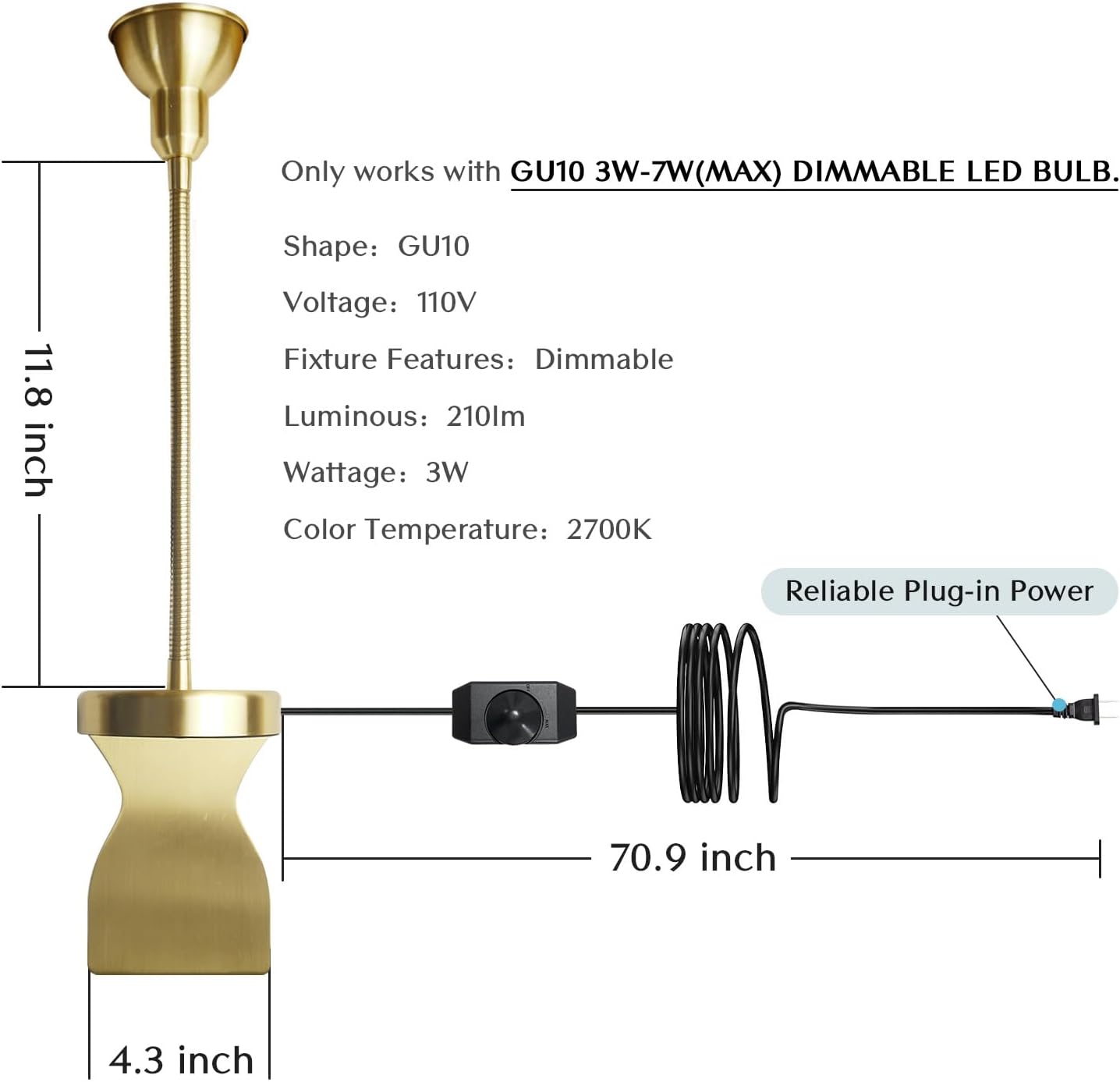 Solfres Patented Innovative Design Headboard Reading Light. No Drilling Golden Book Light for Bedtime Reading. Dimmable LED Book Reading Lamp with Bulb. Movable & Flexible, Gold