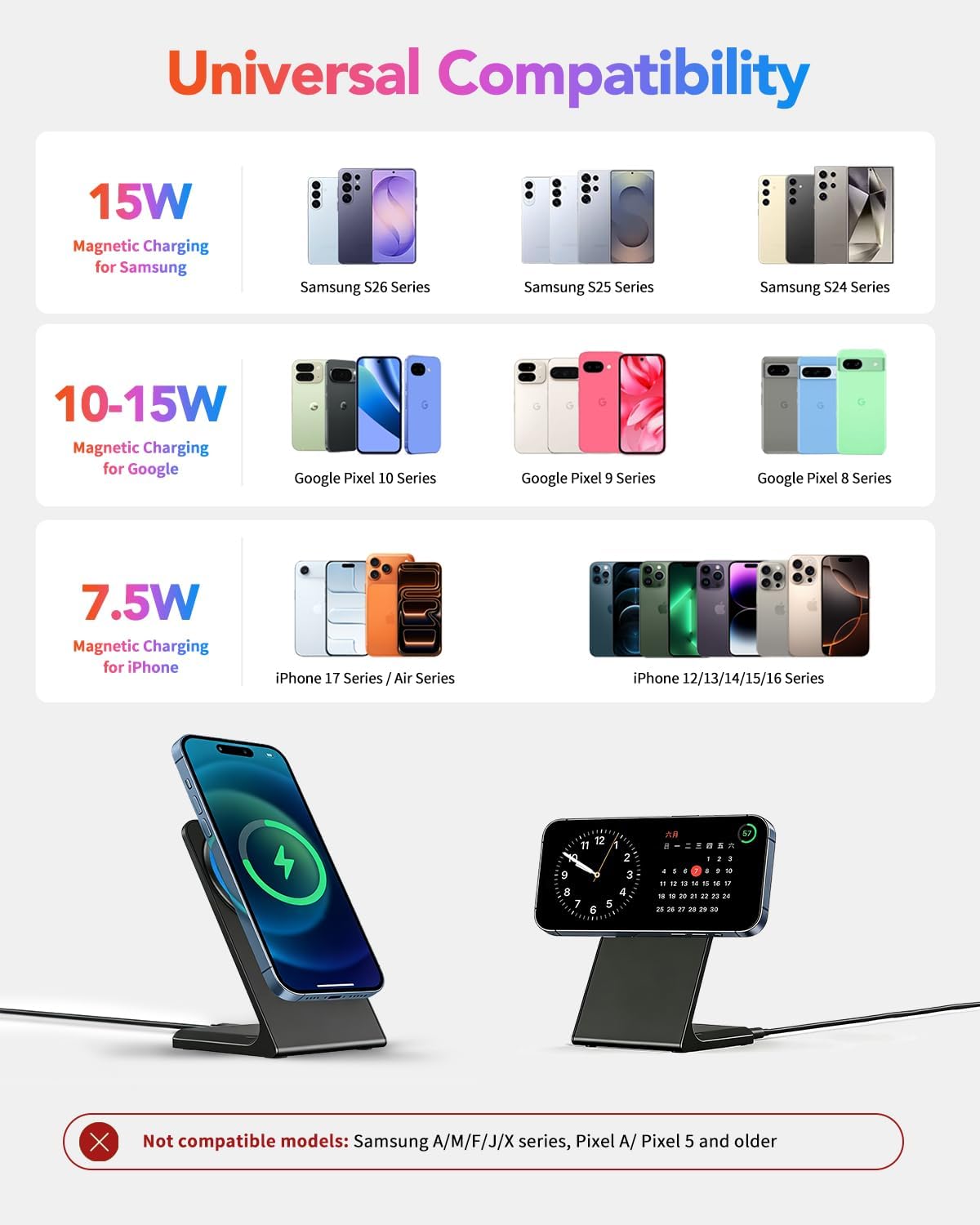Universal MagSafe Charger Stand, Magnetic Wireless Charger for iPhone 17-12 Samsung Galaxy S26-S21 Google Pixel 10-6, with C to C Cable and Sleep-Friendly LED Indicator Ring (Onyx Black, No Adapter)