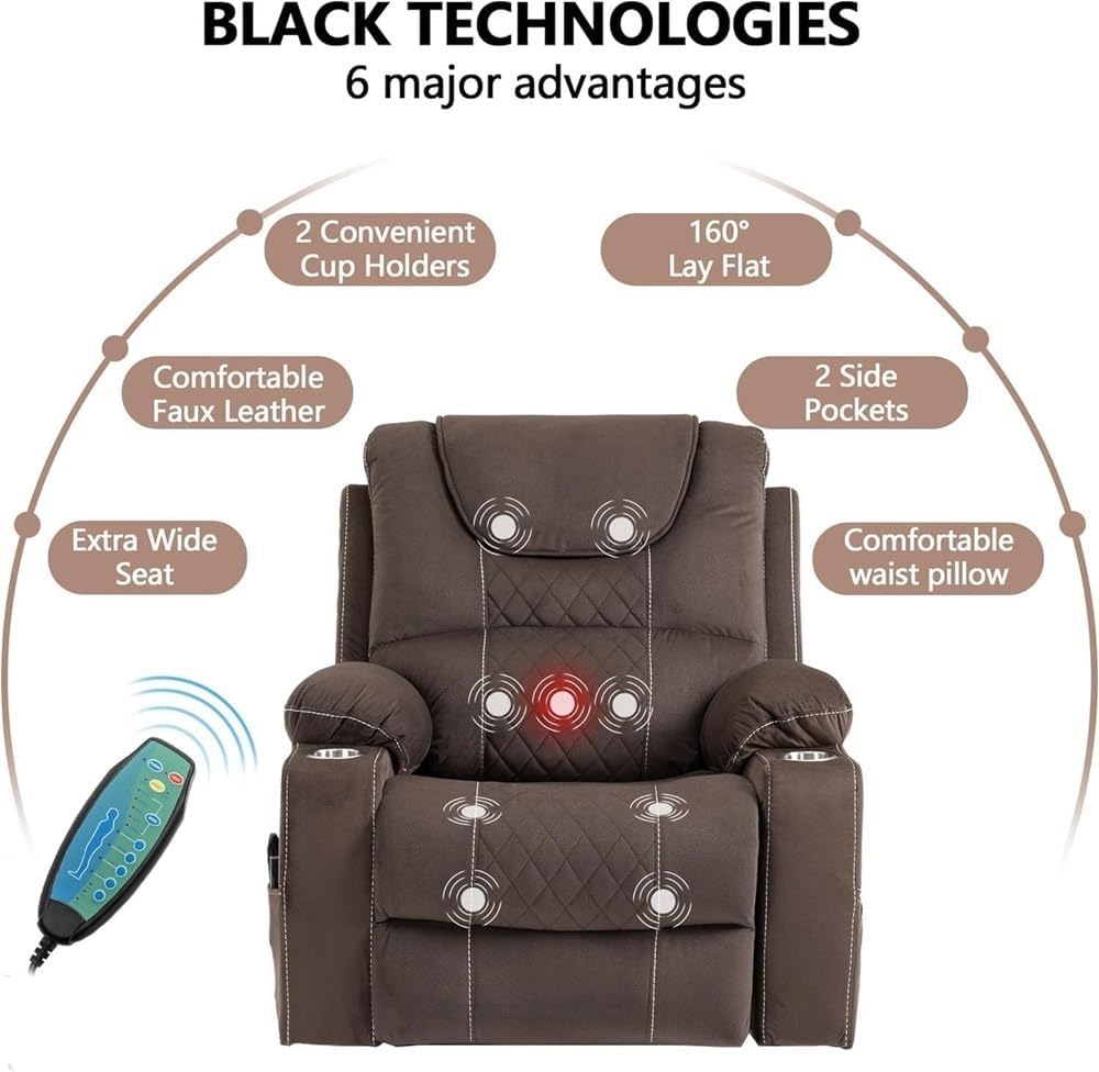 Power Lift Recliner with Heat & Massage – Big and Tall Oversized Sofa with Infinite Position Reclining, Cup Holders, USB Ports, Large Comfort Chair for Elderly & Home Theater