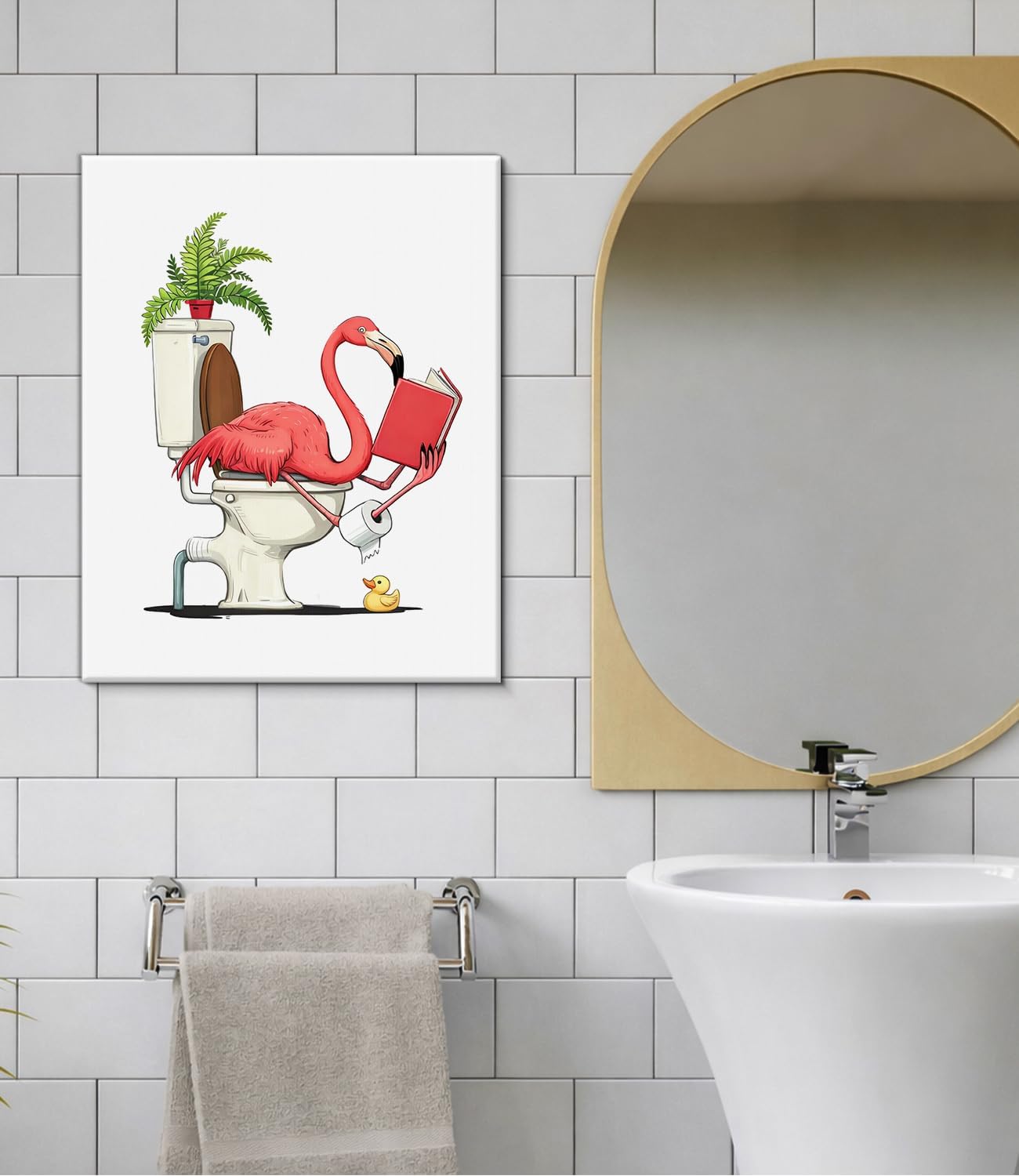 Funny Flamingo Bathroom Wall Art Print - Flamingo Reading on Toilet Canvas Poster Painting - Tropical Animal Bathroom Wall Decor 8x10 Inch Framed