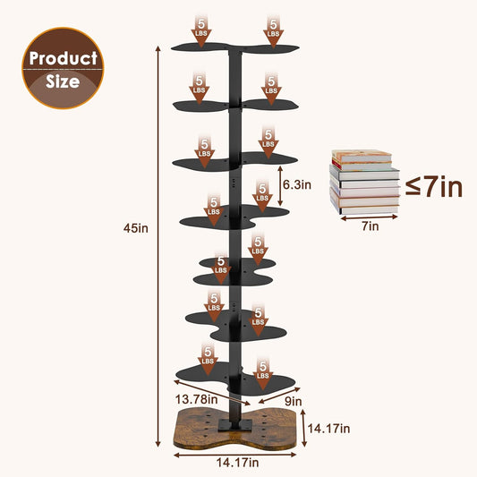 7 Tier Rotating Bookshelf, 360° Display Spinning Bookcase, Metal Corner Bookcases Storage Rack, Tall Floor Standing Revolving Bookshelves Narrow Book Shelf Organizer for Home Office, Black