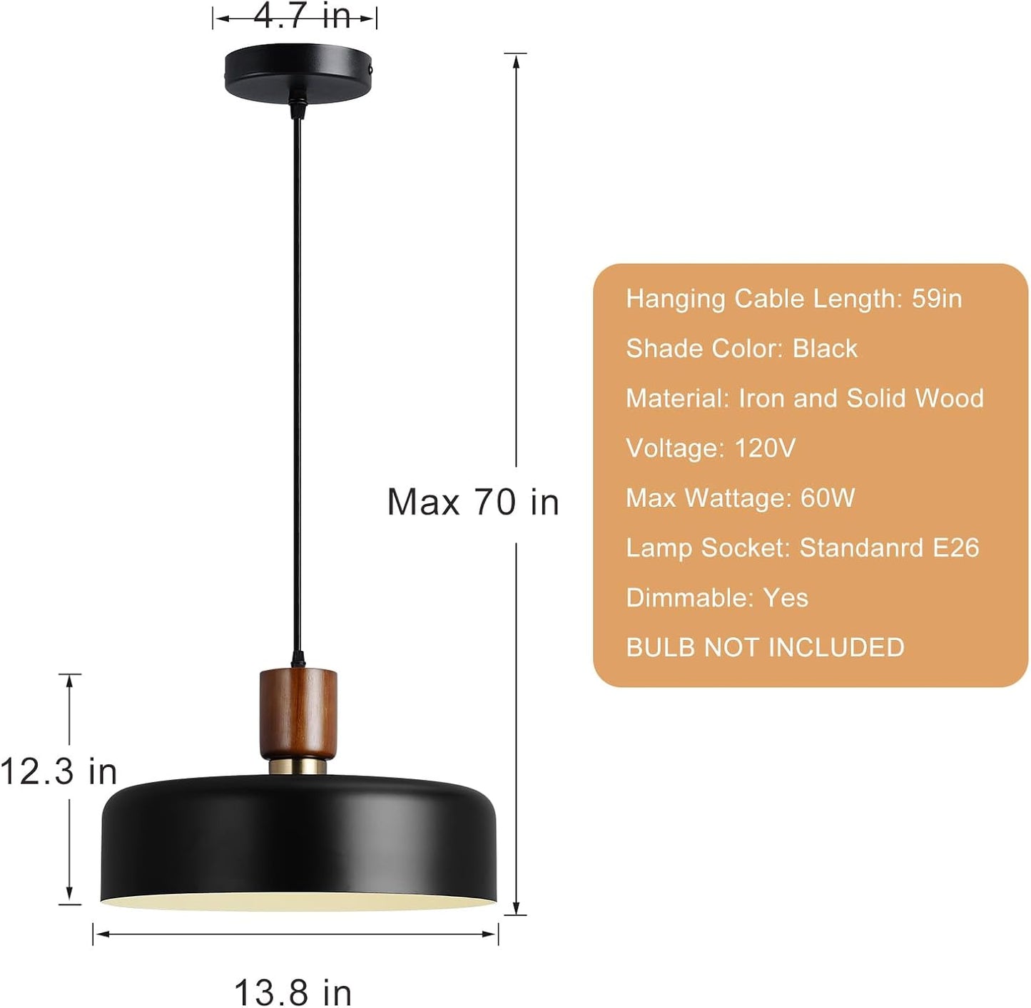 Eustace 15.8" Large Pendant Light, Adjustable Industrial Chandelier with Solid Wood and Brass Accent, Modern Hanging Light Fixtures for Kitchen Island, Living Room,Dining Room, Bedroom,Hallway