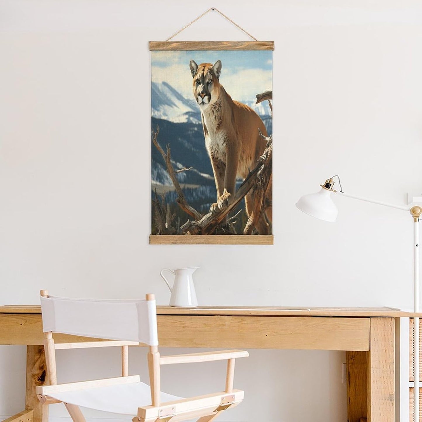 Vintage Panther Mountain Lion Poster with Wooden Frame Personalized Linen Hanging Scroll Painting Rustic Wall Hanging Illustrative Modern Artwork Decor for Home Living Room Bedroom Office