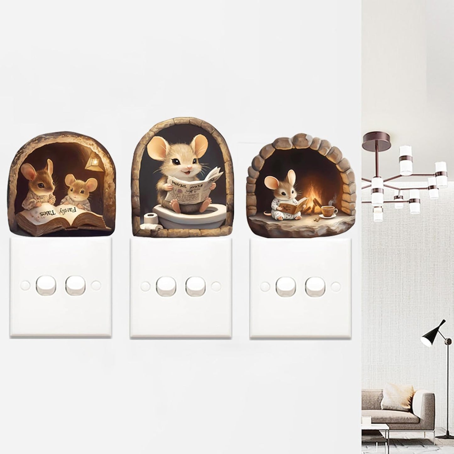 3PCS 3D Mouse Hole Wall Decals Peel and Stick – Cute Cartoon Mice Reading and Relaxing, Decorative Vinyl Wall Stickers for Kids Room, Bedroom, Nursery, Book Nook, Door Corner or Baseboard Decor