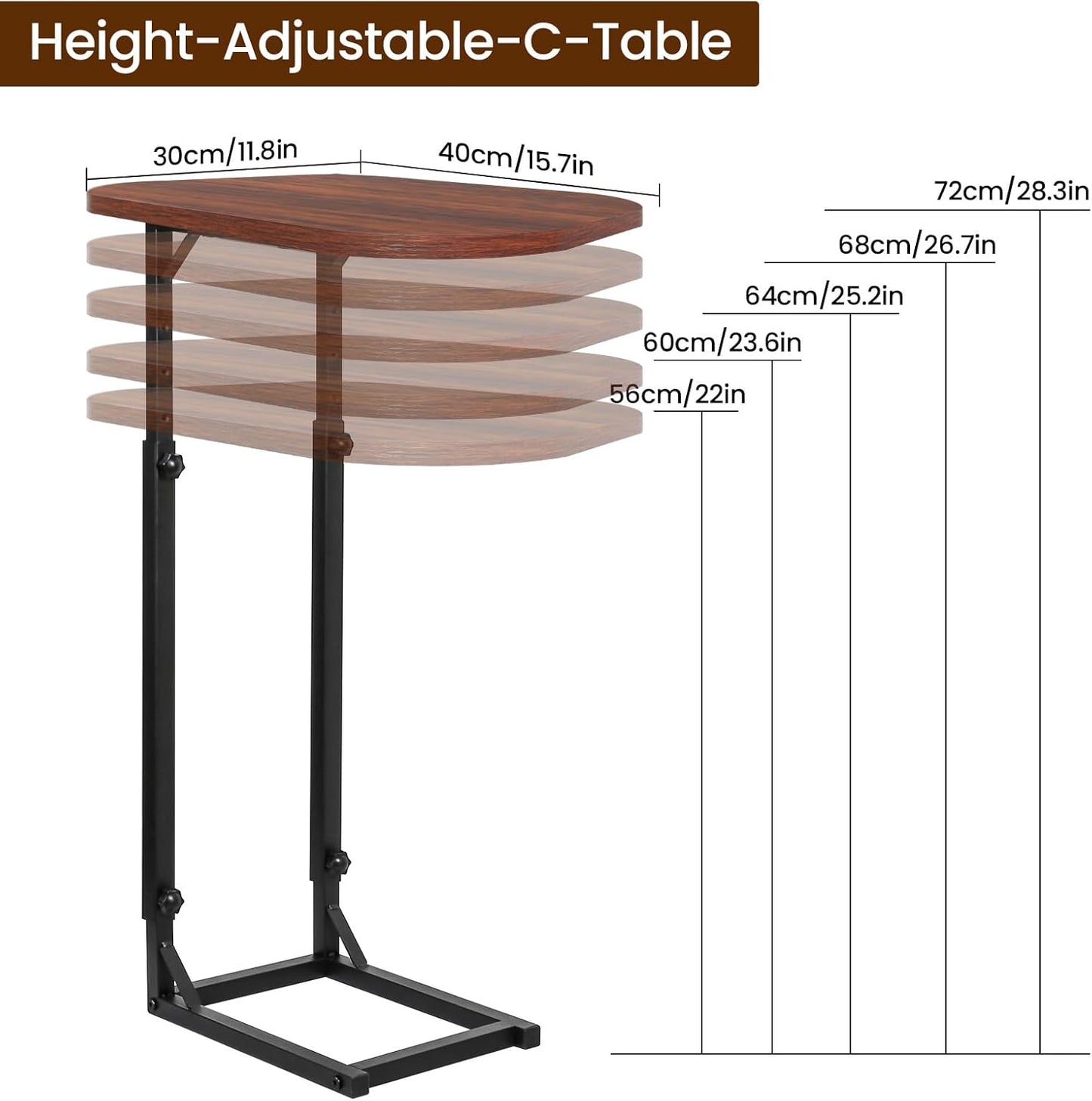 Premium Adjustable C-Shaped End Table for Couch, Mini Side Tables for Sofa, Small Coffee Table with Metal Frame, Beautiful and Practical Sidekick for Your Living Room, Bedroom, Bedside, Rustic Brown | Premium, Adjustable, for Couch, for Sofa, with Metal F