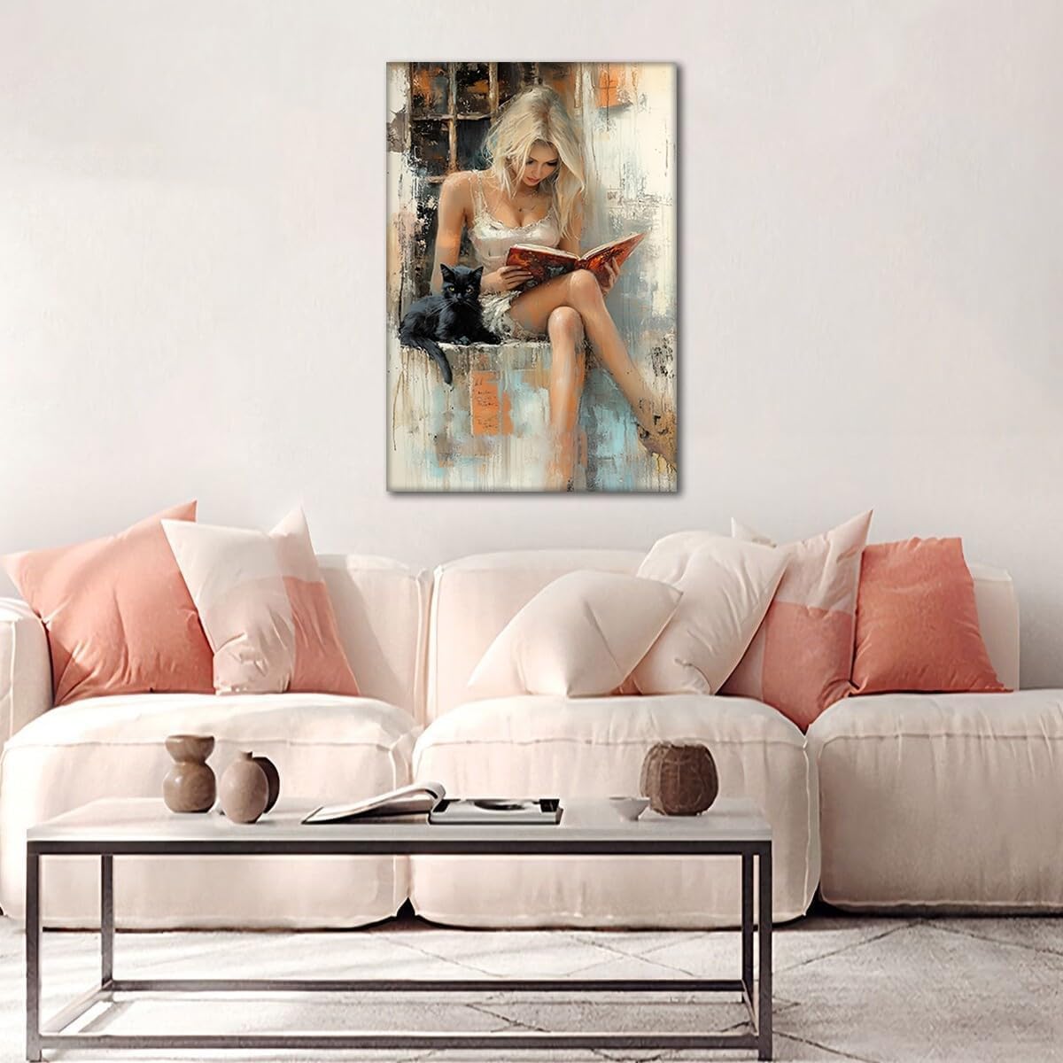 Woman Reading Book Canvas Wall Art Academia Aesthetic Painting Wall Decor Pictures Modern Girl Painting with Black Cat posters Prints for Home Living Room Bedroom Office Decor Ready-to-Hang(16inx12In)