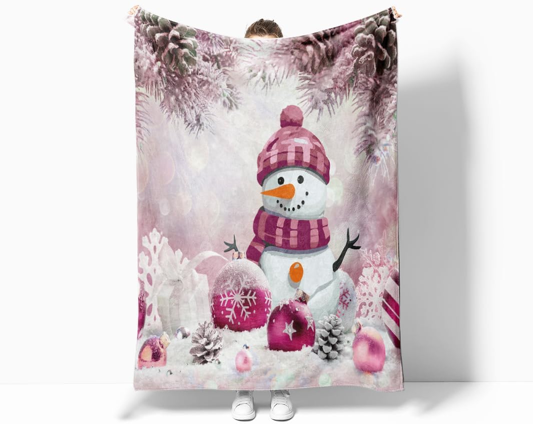 Pink Christmas Snowman Blanket, Cute Pink Christmas Tree Snowflake Soft Plush Warm Bed Couch Blanket, Winter Xmas Holiday Flannel Throws to Decorate The Room and Bedroom, 50X60 Inch