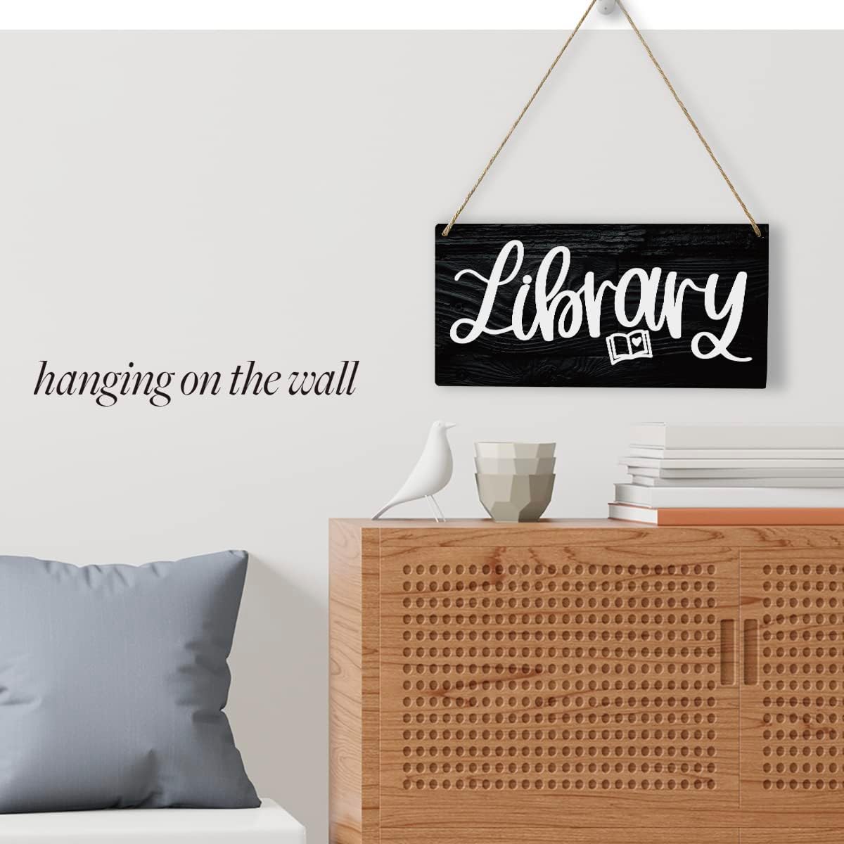 Retro Library Sign Wood Wall Art Home Farmhouse Hanging Decor Rustic Fun Black Book Lover Wooden Decorative Plaque for Office House Cafe Outdoor Indoor, 10x5 Inches