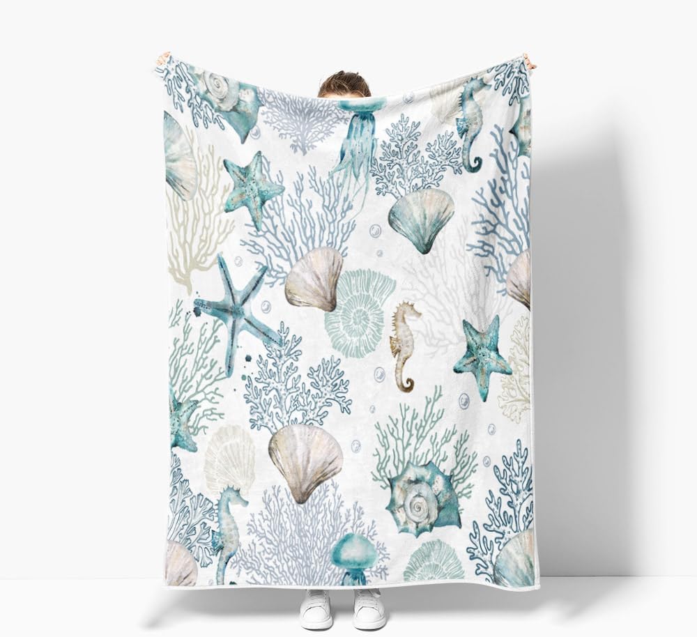 Nautical Beach Throw Blanket, Summer Coastal Ocean Themed Blankets for Adults Kids Woman, Sea Starfish Seashell Coral Teal Throws Blankets for Couch Bed Room Sofa Decor,50X60IN