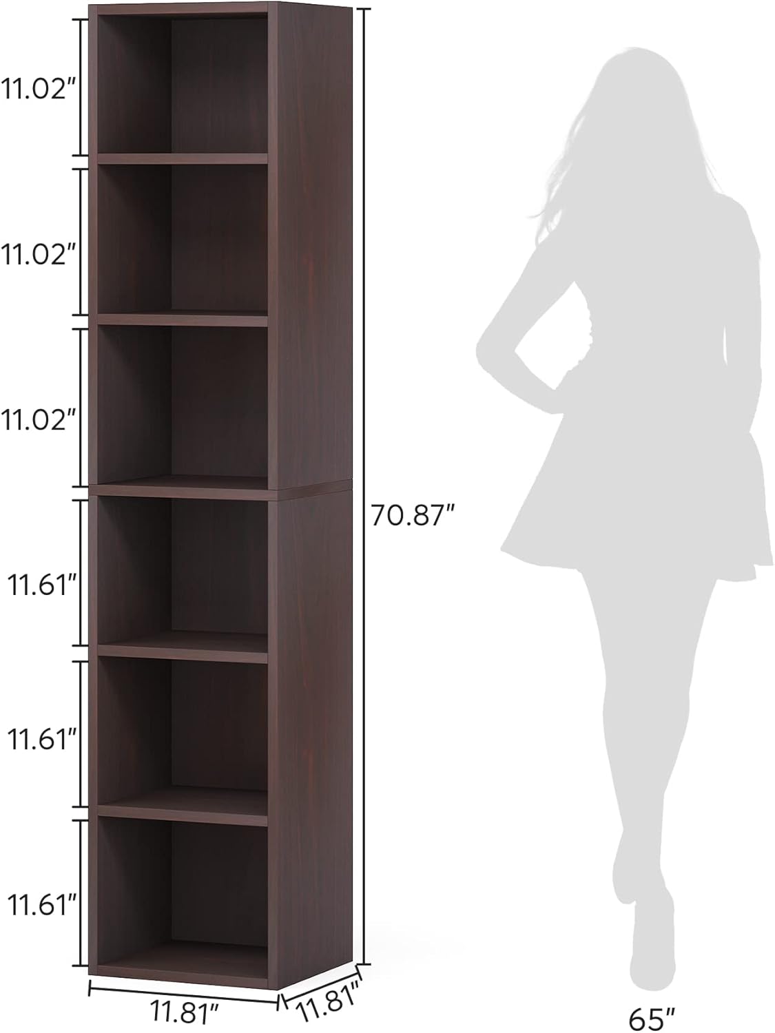 LITTLE TREE 70.9 Inch Tall Narrow Bookcase, Corner Bookshelf 6 Tier Cube Display Shelf Storage Organizer for Small Space, Brown