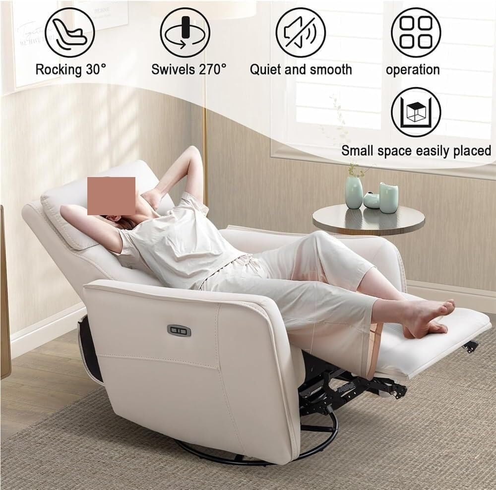 Power Recliner Chair with USB Port, Beige Leather Glider Rocker Swivel Reclining Lounge Chair, Electric Recliner for Living Room Home Theater Nursery Comfortable Seating
