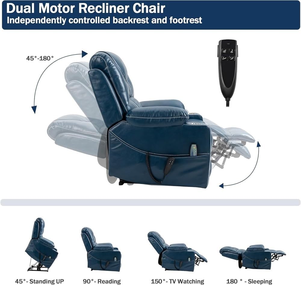 Dual Motor Power Lift Recliner Chair for Elderly Adults, Comfortable 180° Lay Flat Blue Leather Reclining Sofa with Massage and Heat, Independent Back & Footrest