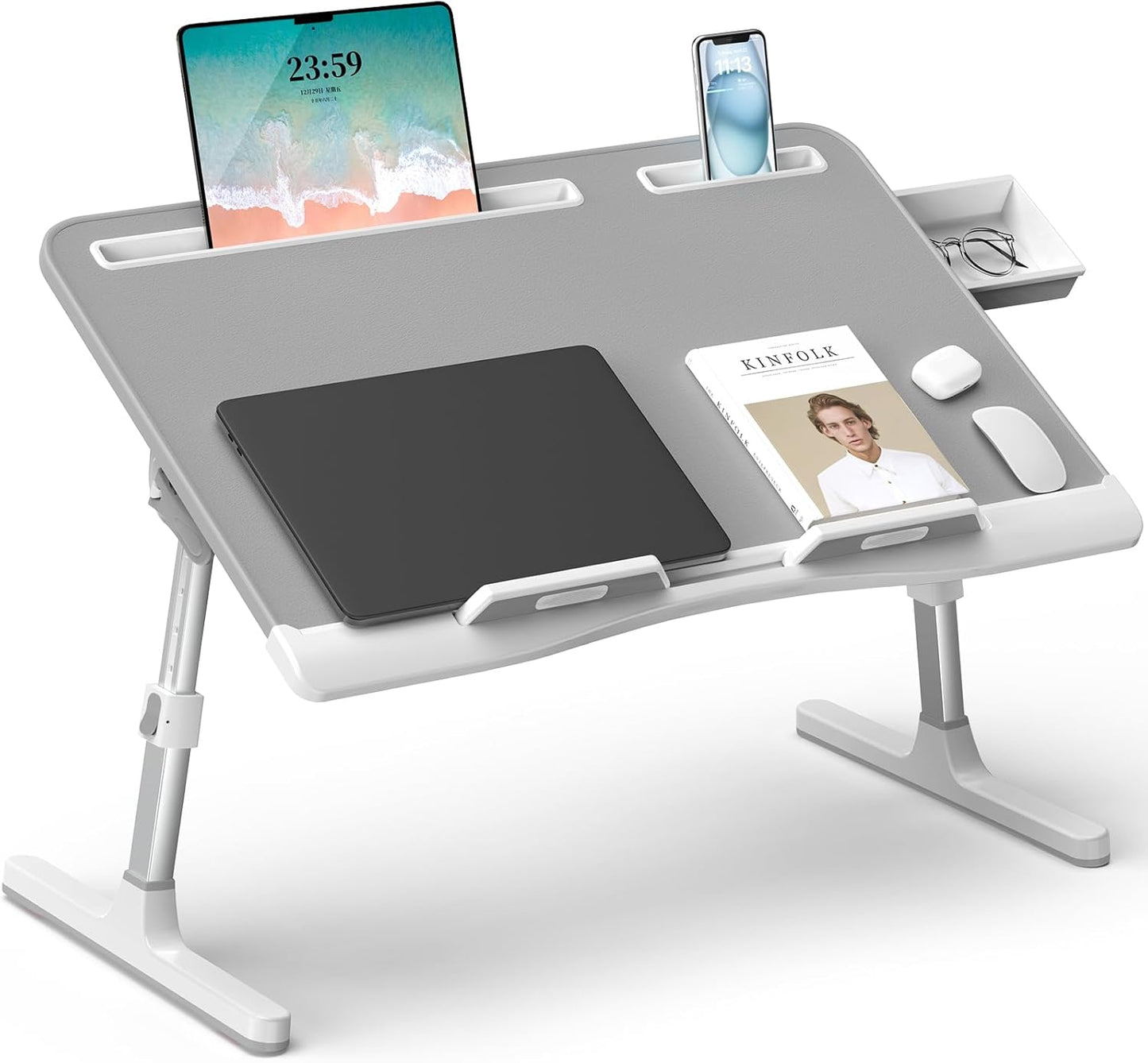 Laptop Bed Desk, X-Large Leather Adjustable Computer Bed Table Tray, Foldable Laptop Lap Desk for Bed Sofa Couch Floor Writing Eating Working with Drawer 2 Movable Stoppers (23.6 inch, Grey)