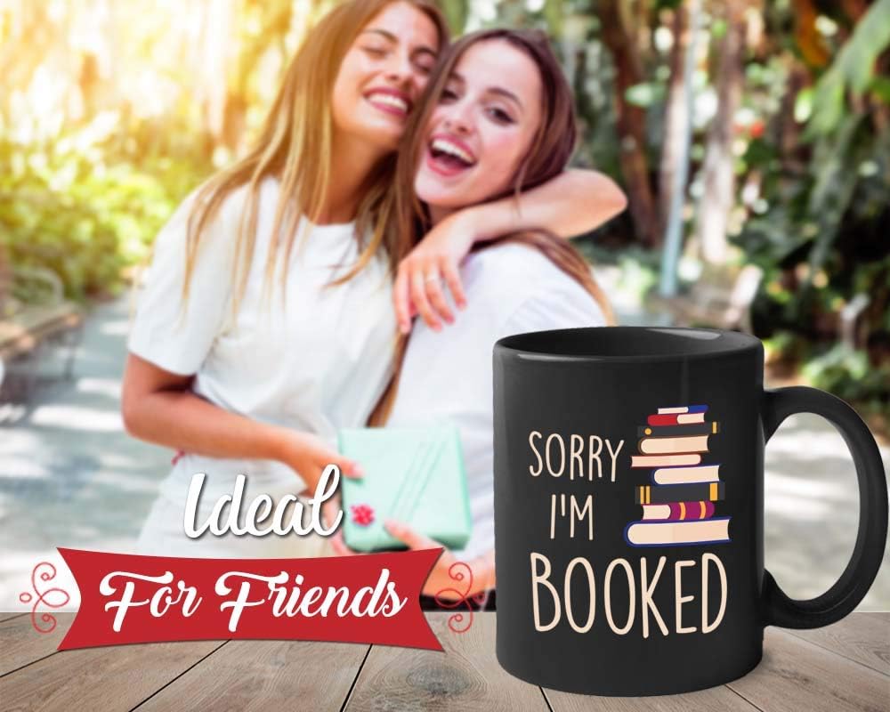 Bubble Hugs Bookish Coffee Mug 11oz Black - Sorry I'm Booked - Introvert Bookworm Book Lover Librarian Love Reading