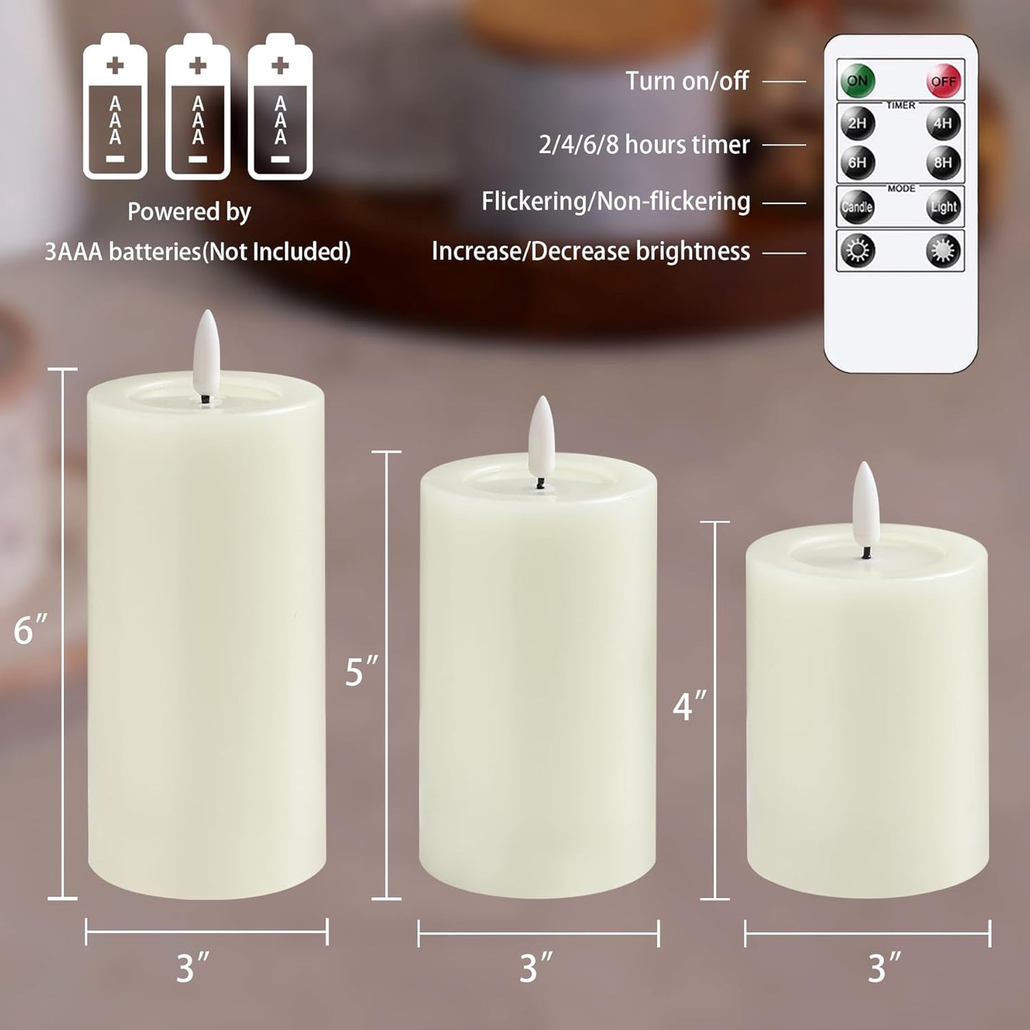 Remote Flameless Flickering Pillar Candles with Candle Grease Effect,Pack of 3 Ivory LED Battery Oprated 2/4/6/8 Hours Timer Real Wax Electric Candles(3x4,5,6 Inches)