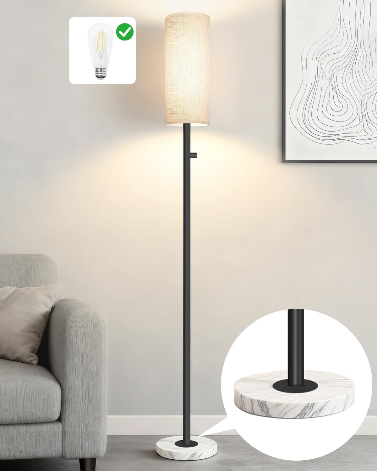 Black Floor Lamp for Living Room, Dimmable Floor Lamp with LED Bulb,Modern Standing Lamp with Marble Base,Tall Floor Lamps for Bedroom Reading Office Corner Nursery