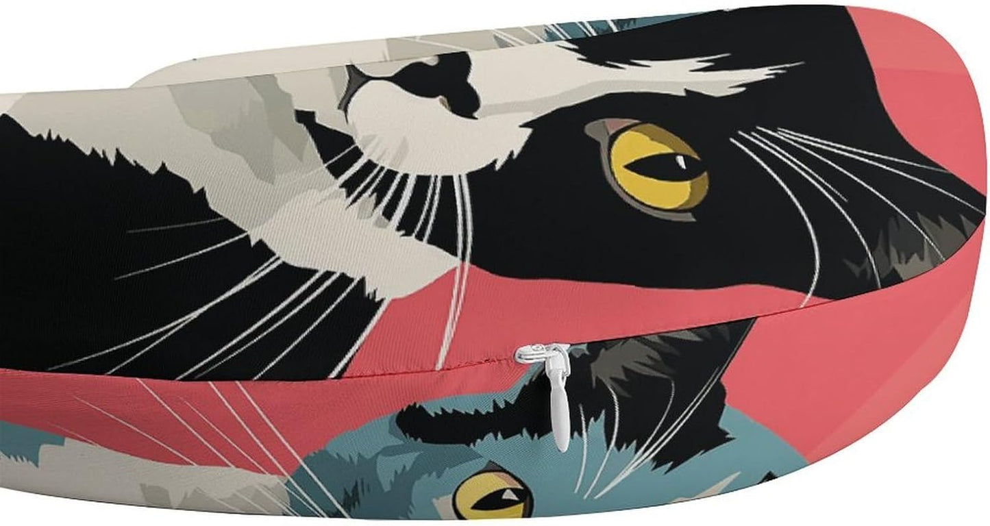 Black and White Cat Neck Pillow Memory Foam U Shaped Pillows Portable Pillows for Shoulder Travel Head Support Pillow with Concealed Zipper for Airplane Car Home Office