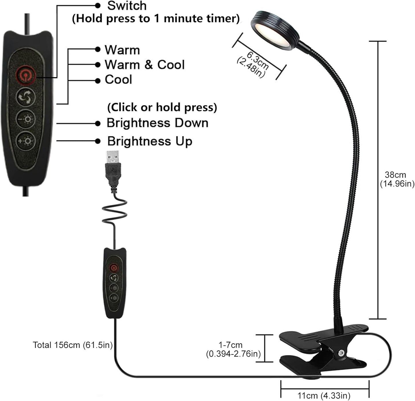 USB Clip-On Desk Lamp with 3 Color Modes, Adjustable Brightness, Flexible Gooseneck, 1 Minute Timer, Book Light for Kids Reading Book in Bed at Night Clip on Table, headboard, Dorm, Black