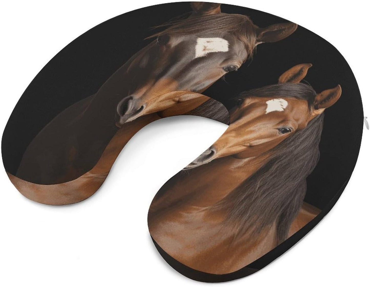 Two Horses Standing on Black Backgro Neck Pillow Memory Foam U Shaped Pillows Portable Pillows for Shoulder Travel Head Support Pillow with Concealed Zipper for Airplane Car Home Office